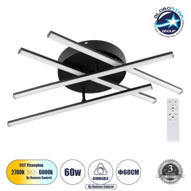 GLOBOSTAR® DRACO 61095 Μοντέρνο Φωτιστικό Οροφής LED 60W 7380lm 120° AC 220-240V IP20 Ρυθμιζόμενο Λευκό CCT με Χειριστήριο από 2700K έως 6000K Dimmable - Lumileds SMD Chip - Μαύρο Ματ - Μ60 x Π60 x Υ11cm - 3 Χρόνια Εγγύηση